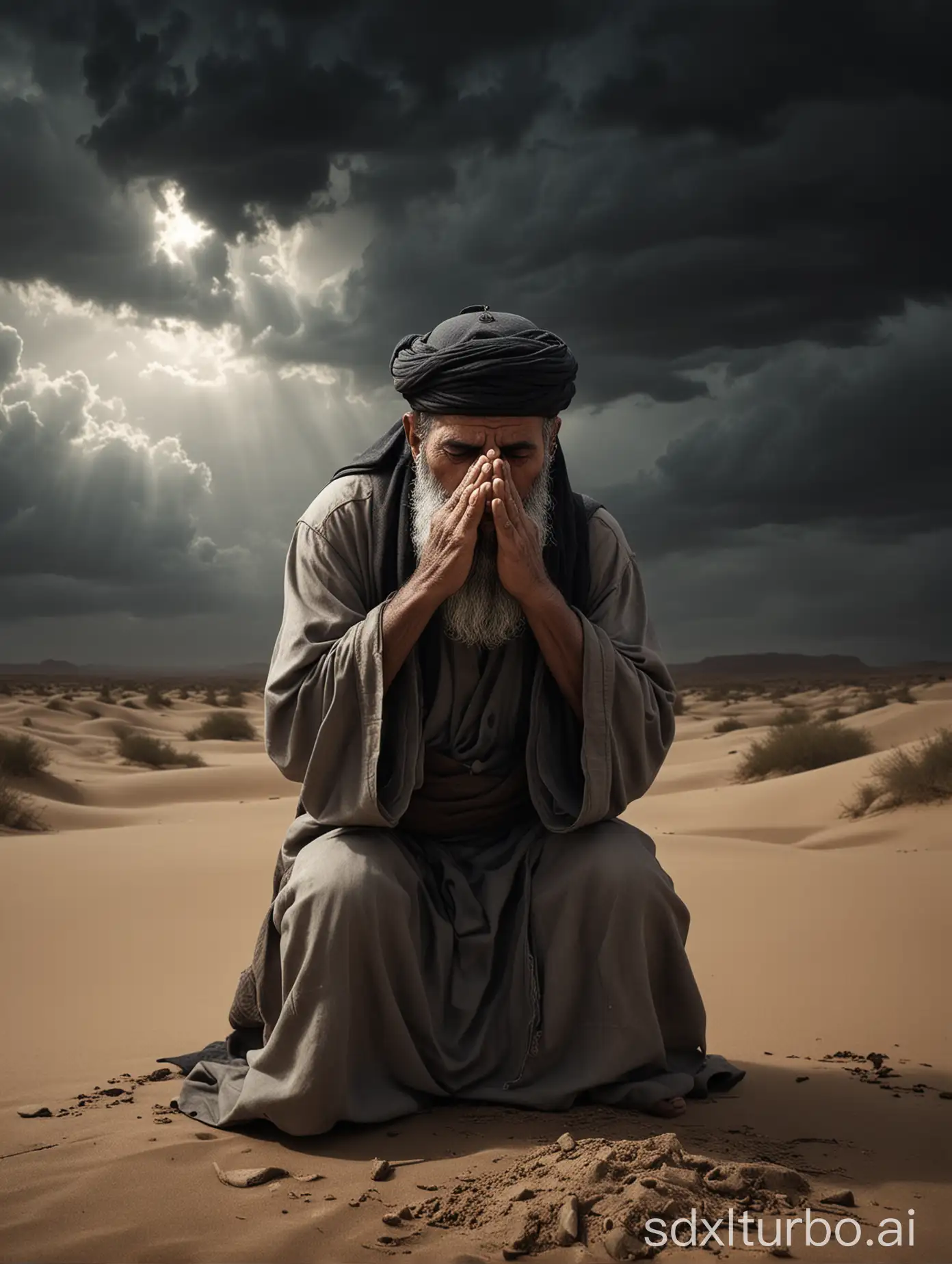 Muslim-Man-Praying-in-Desert-Storm-HyperRealistic-Cinematic-Scene