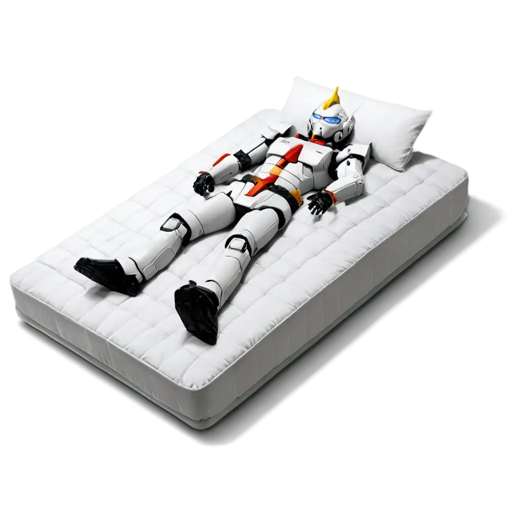 a gundam sleeping on a mattress with mecha style