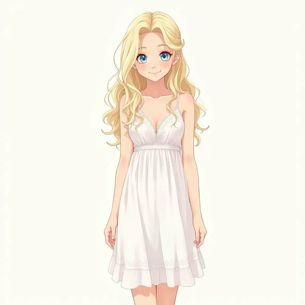 Full body image of A young woman with long, ringlet blonde hair styled elegantly, wearing a knee-length lacey white dress with intricate embroidery and subtle, flowing layers. Her expression is gentle yet confident, with piercing blue eyes and a slight smile that hints at mystery. She has soft, porcelain-like skin, and her hands rest delicately at her sides. Anime sketch