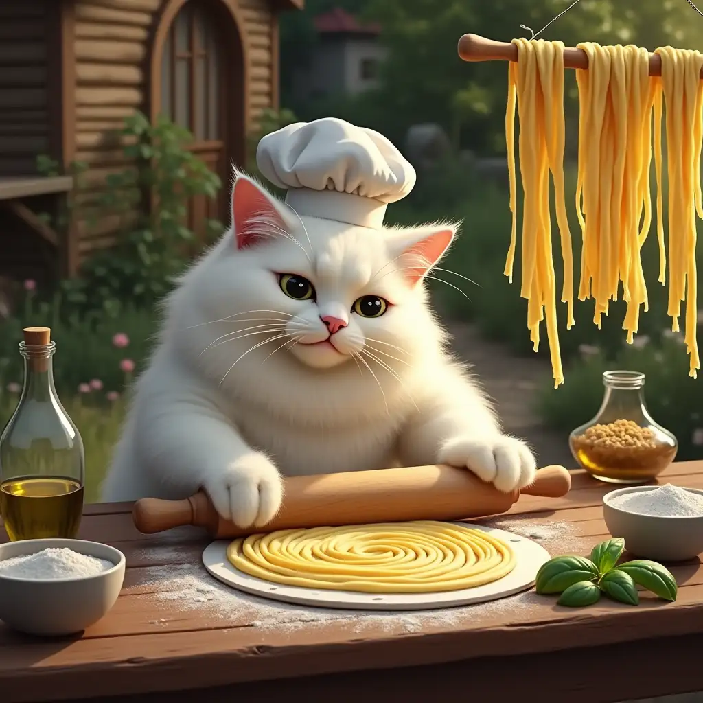 The fluffy white cat, its chef’s hat slightly askew, is carefully rolling out a sheet of pasta dough with a wooden rolling pin. Its oversized paws press the dough flat on the rustic wooden table, while strands of freshly cut fettuccine hang from a pasta drying rack nearby. Beside the table are small bowls of flour for dusting, a jar of olive oil, and a handful of fresh basil. The golden sunlight highlights the rich textures of the dough, while the surrounding lush garden and rustic wooden cottages create a serene, inviting setting.