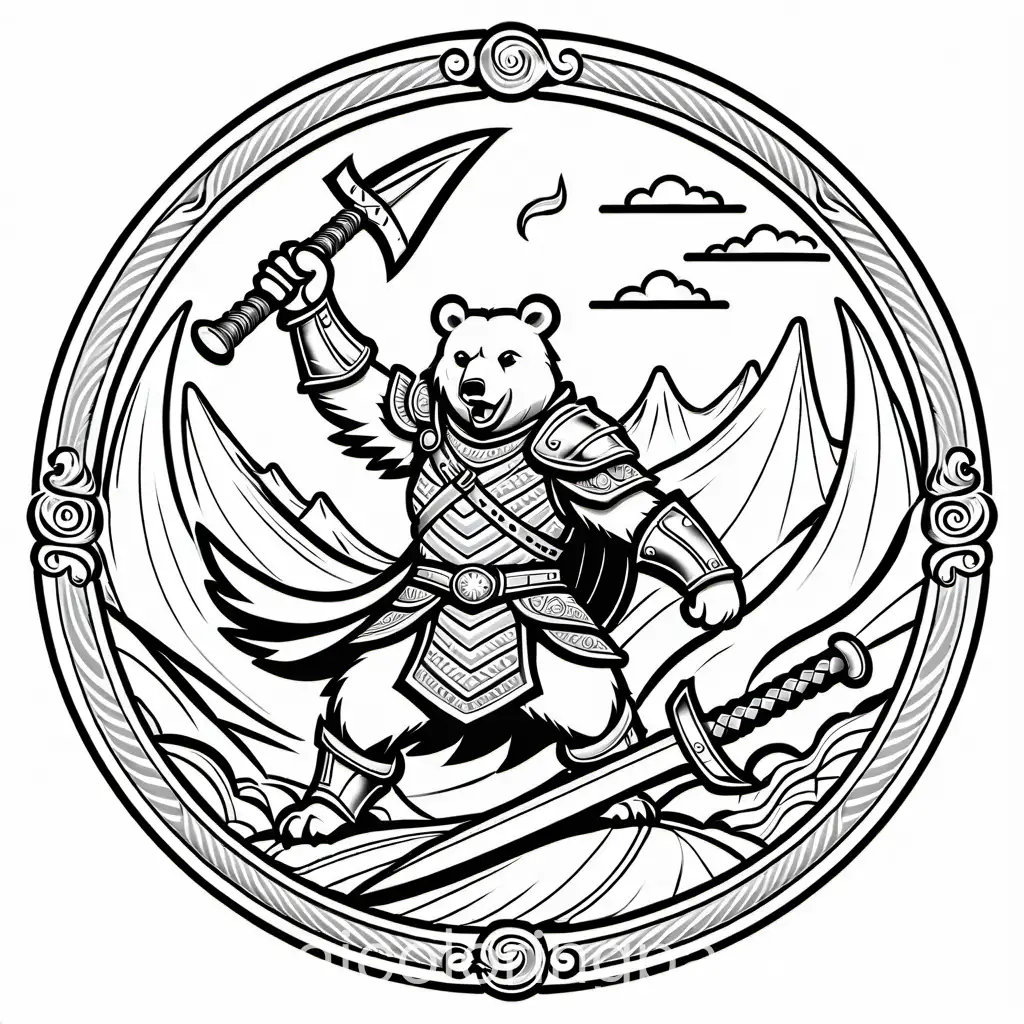 coloring page, bear in plate mail with axe in paw riding a dragon into battle, Coloring Page, black and white, line art, white background, Simplicity, Ample White Space. The background of the coloring page is plain white to make it easy for young children to color within the lines. The outlines of all the subjects are easy to distinguish, making it simple for kids to color without too much difficulty