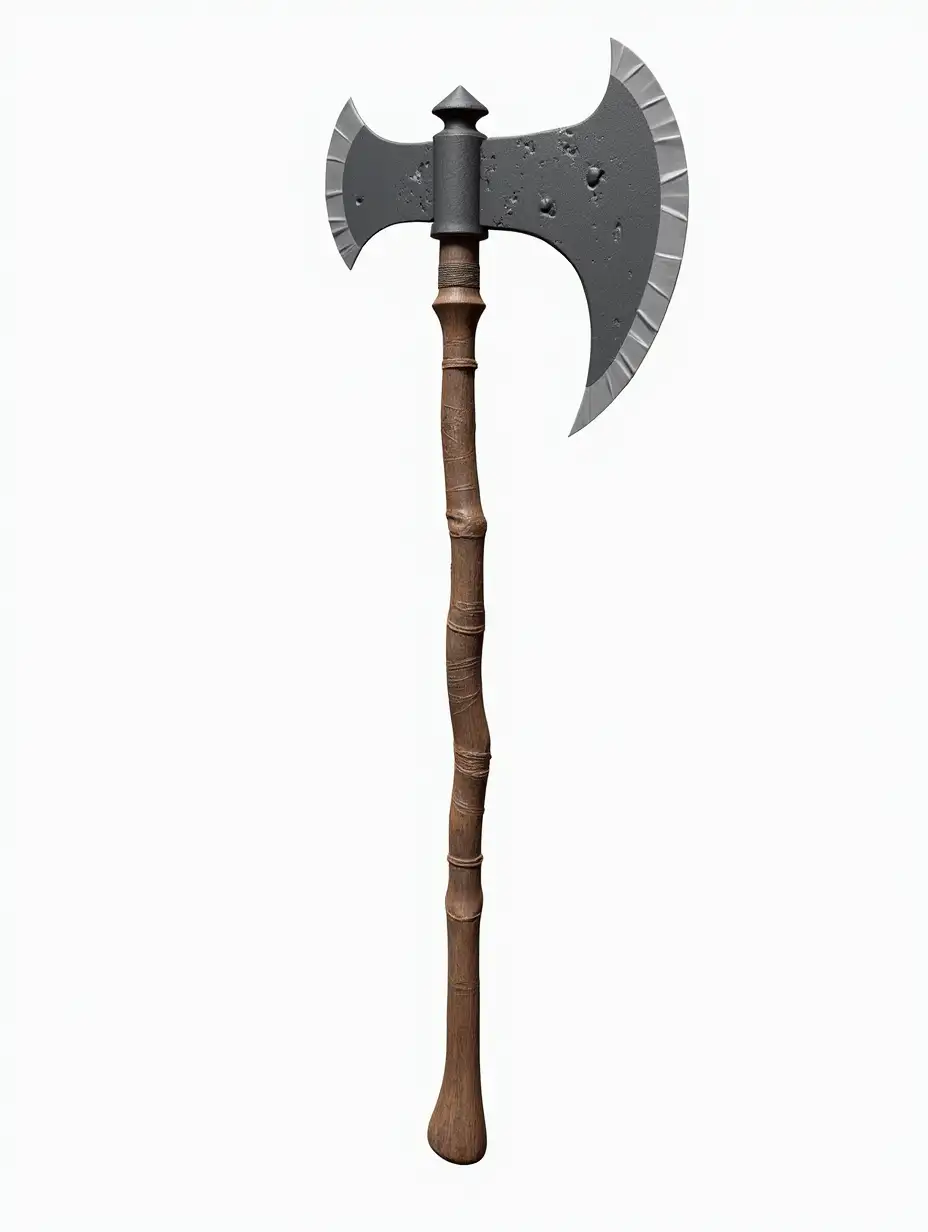 halberd made of wood and stone with a large axe, model for blender, transparent background