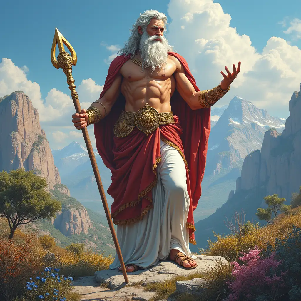 ultradetailed hyperrealistic portrait god zeus 10 meters tall in Greece on a mountain on a rock elaborately detailed, colorful plants in the background colorful plants background