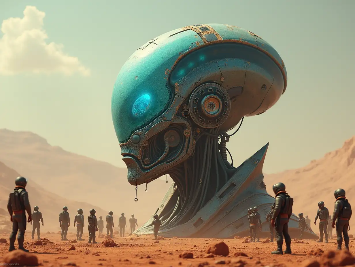 Create a high-resolution, realistic image of the artificial intelligence Robert, 10Meter tall, with Alien Pyramid with gears on the cheeks and glass head with visible glowing sapphire brain, screws with many people with helmets and breathing masks on the ground, Mars 4k resolution with 