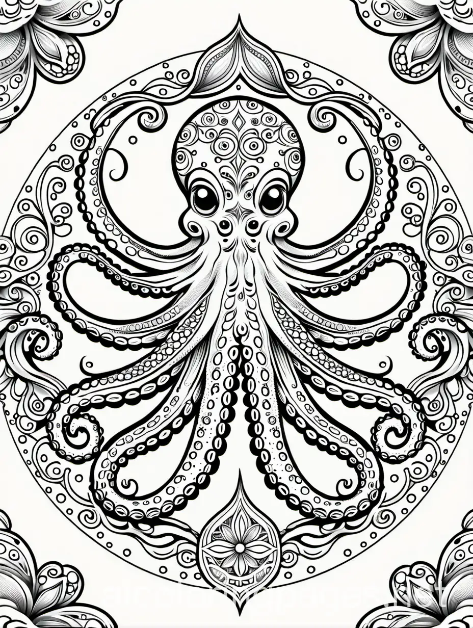 Octopus-Coloring-Page-with-Mandala-Design-Black-and-White-Line-Art