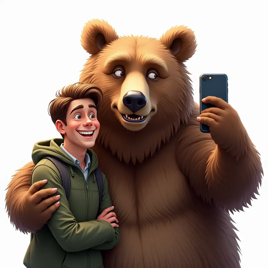 man taking selfies with grizzly bear, smiling on camera, hd, extreme close-up portrait, forest and fear, national geographic footage, 8k! Realistic digital painting, cute cartoon, high detail, digital painting, caricature. White background.