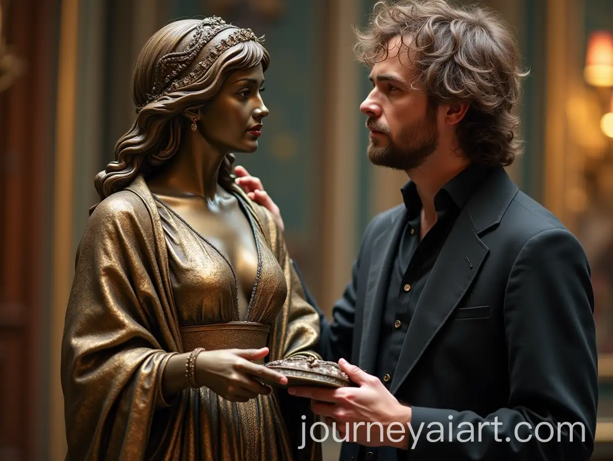 Man-Receiving-Statue-of-Woman-in-Luxurious-Clothing