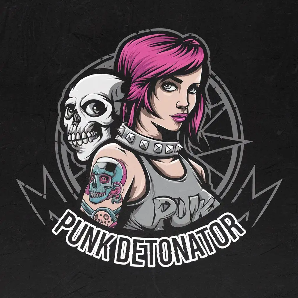 LOGO Design for Punk Detonator Realistic Girl Punk and Skull on Black Background