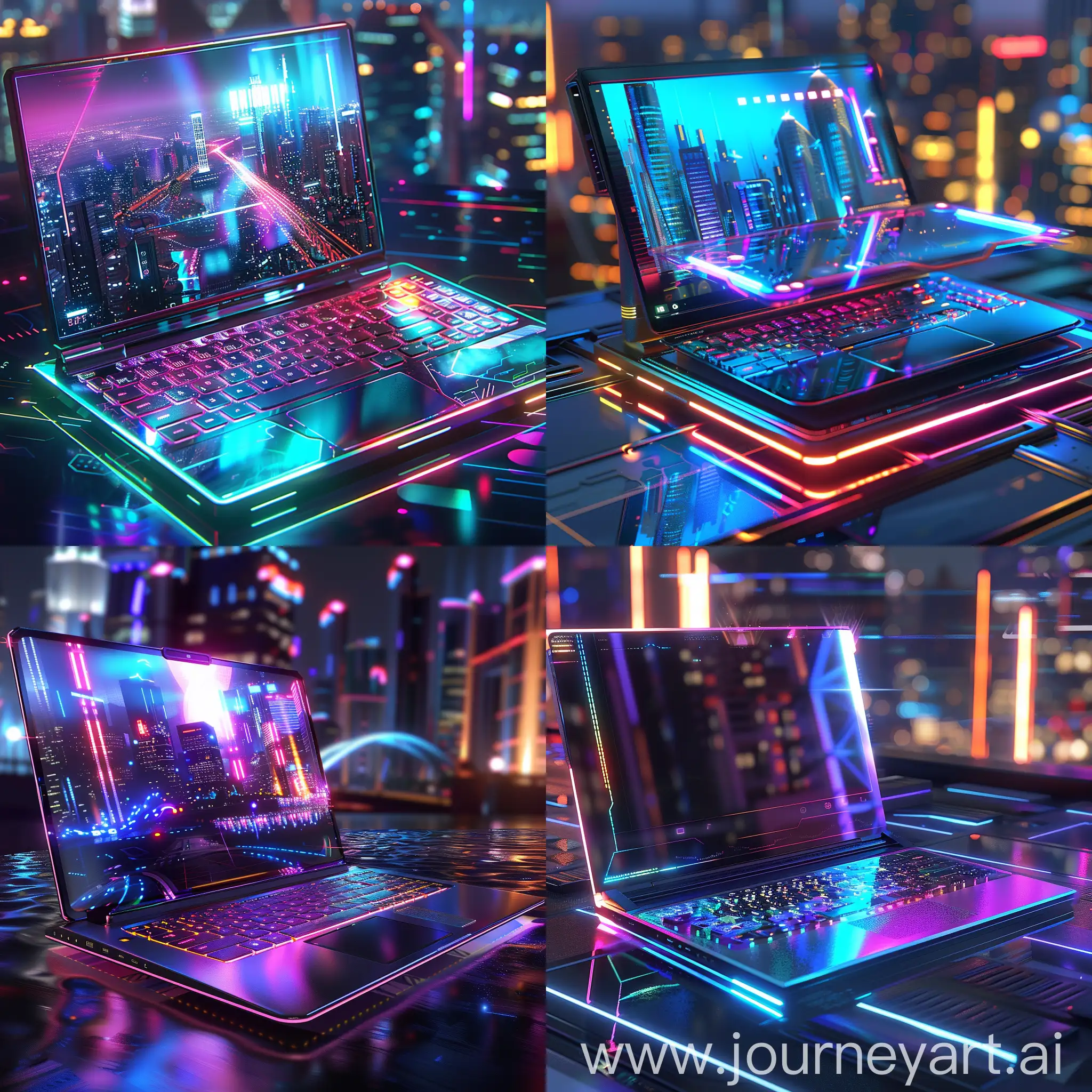 Futuristic-Laptop-with-Holographic-Display-in-HighTech-Cityscape