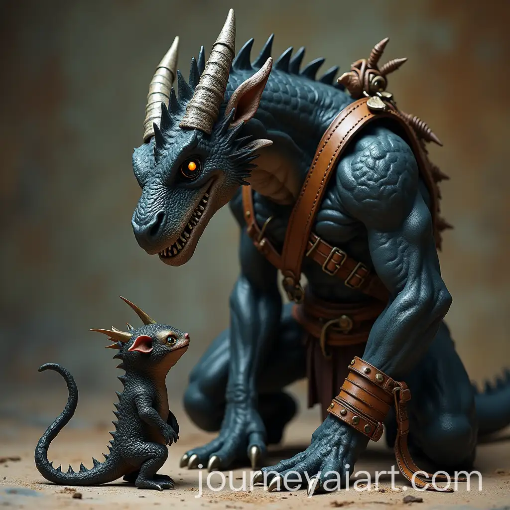 Small-Muscular-Kobold-Kneeling-in-Service-to-Muscular-Black-Dragon-Man