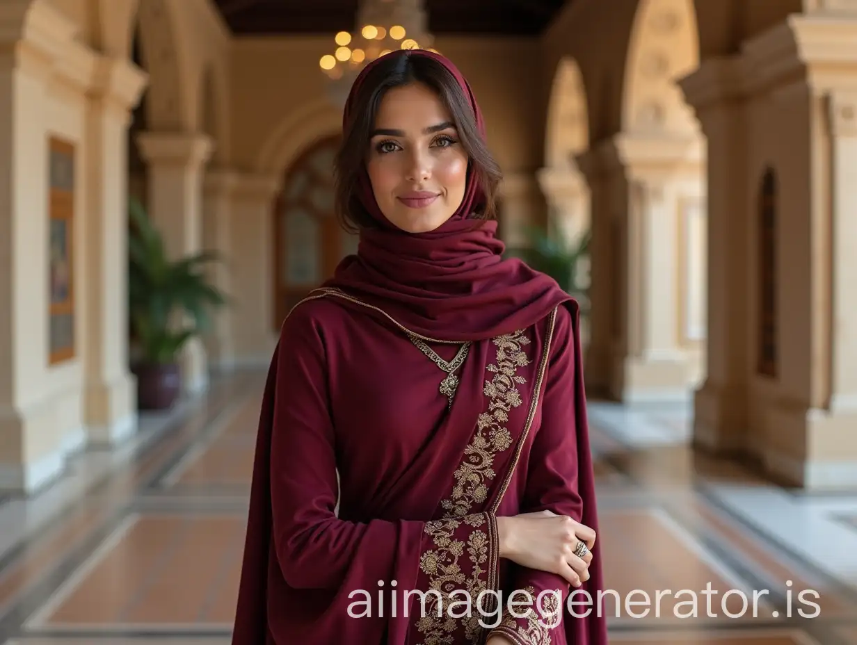 beautiful pakistani bride wearing two piece maroon modern suit posing for pictures in islamic royal palace, realistic look, beautiful makeup, beautiful hairstyle, beautiful eyes