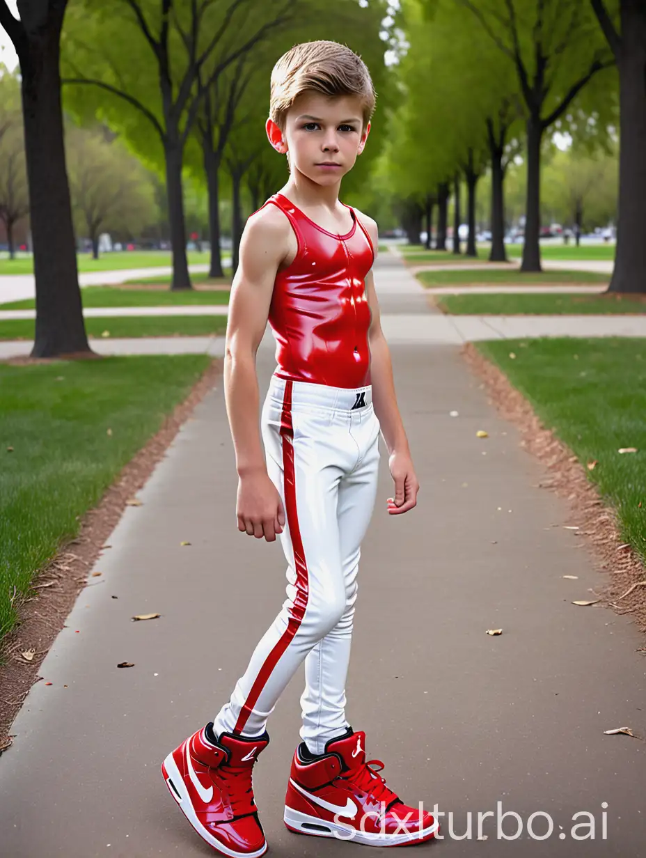 cute athletic ten-year old Caucasian boy wearing skintight NIKE very low-rise PVC pants and NIKE Air Jordan red white high top sneakers, proudly shows off defined chest and V-line abs in park