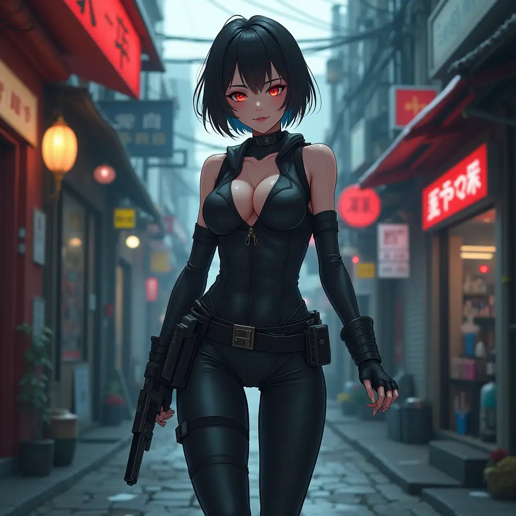 Short hair, mature Asian woman thief cyber runner in a dynamic full-length pose, eyes with red electronic pupils, large breast, extreme skintight body glove zipped down with cleavage, combat boots and combat belt. Full view of her body from boots up, low wide angle. Future store filled city alley street. Anime