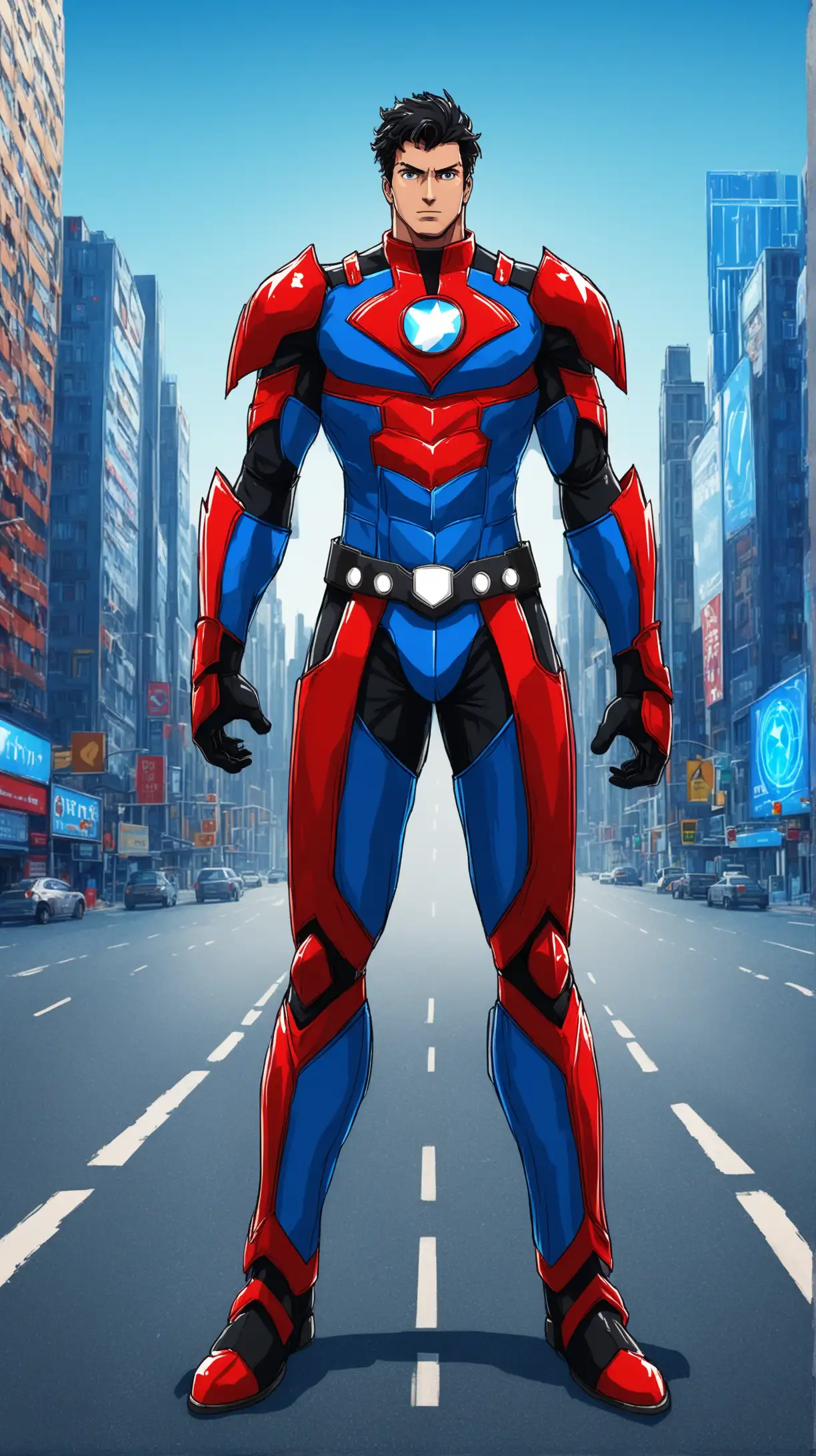 Superhero Man in Red Black and Blue Suit on City Road