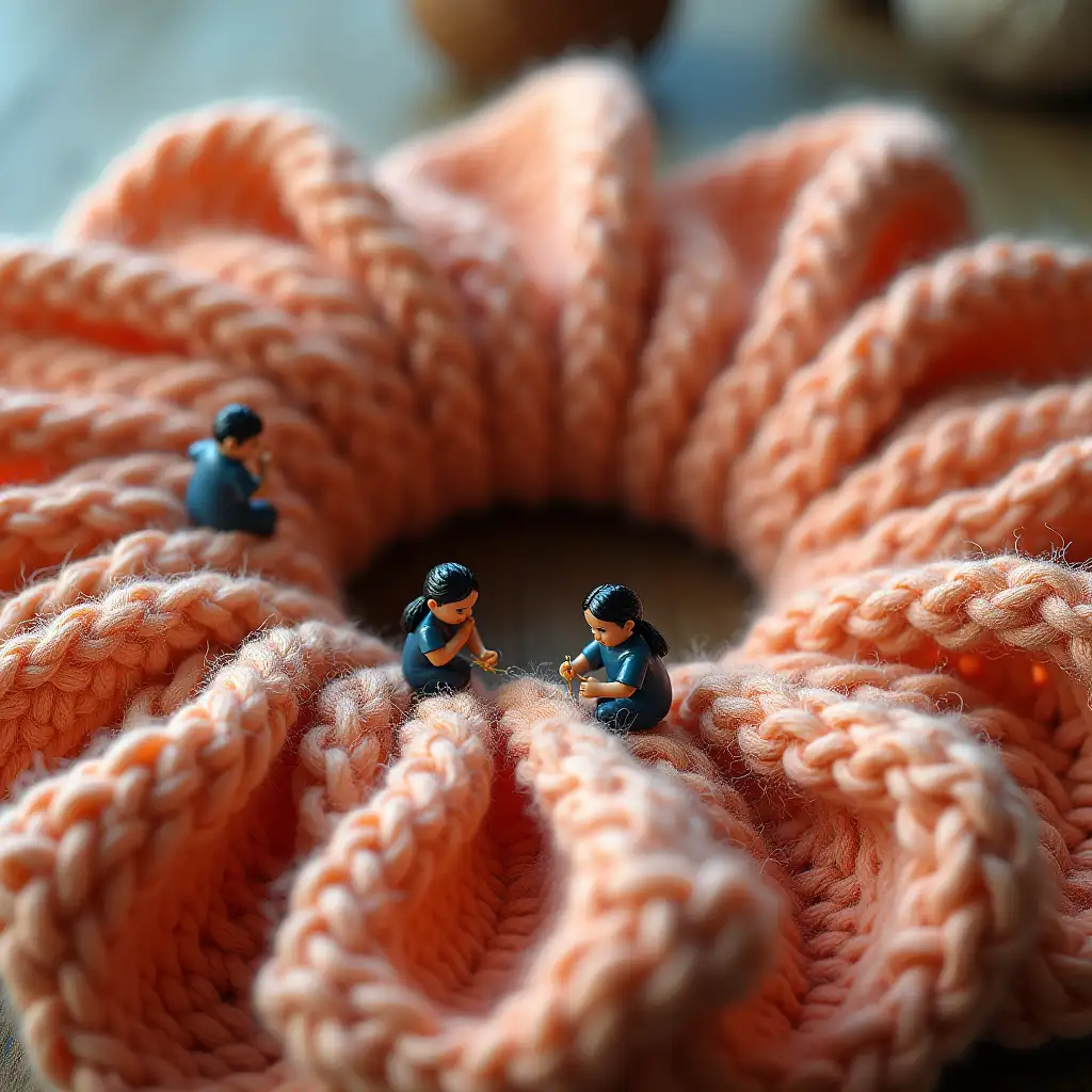 Picture a cinematic scene of a giant crochet scrunchie which several tiny women working on it