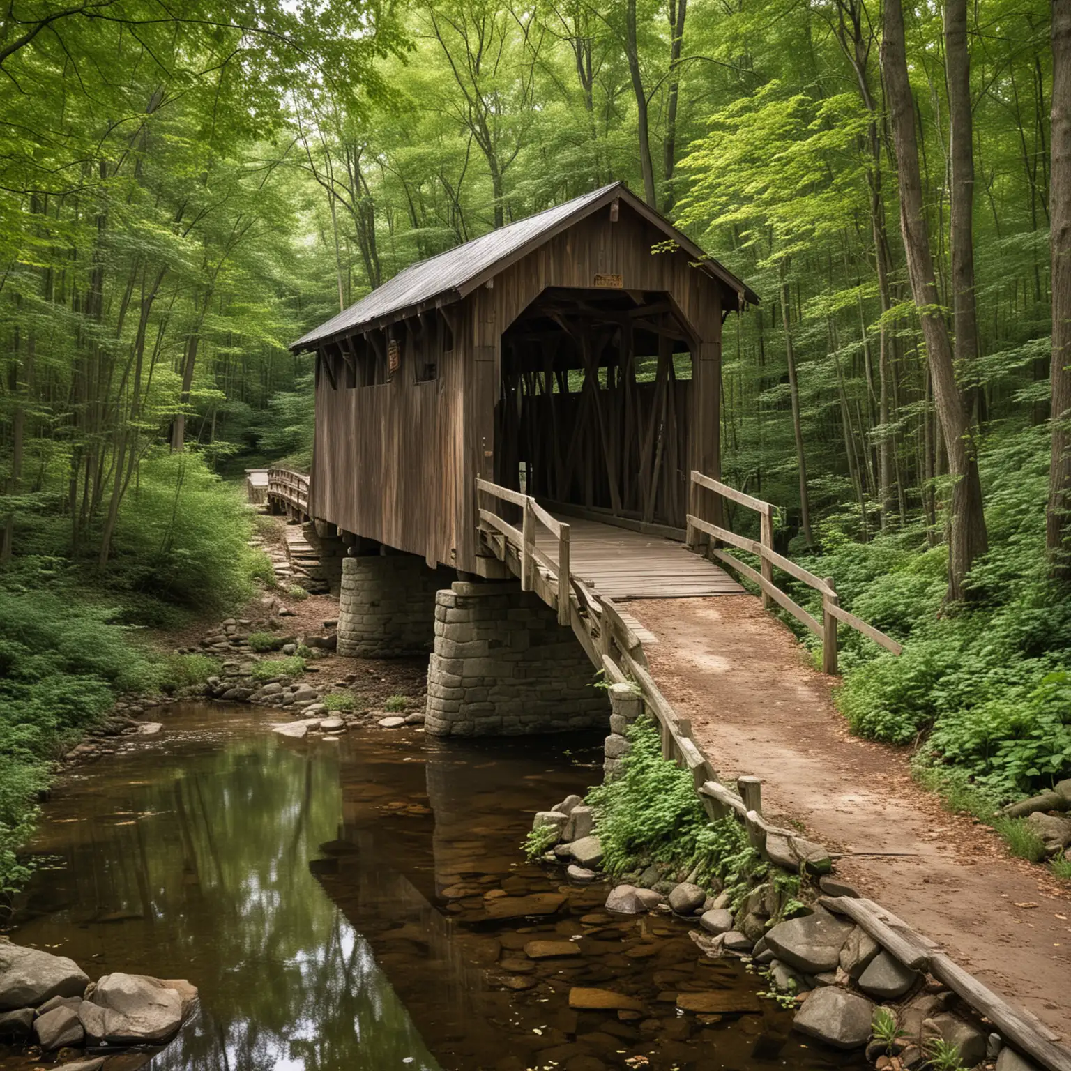 Covered Wooden Toll Bridge Over a Serene Creek in a Lush Forest