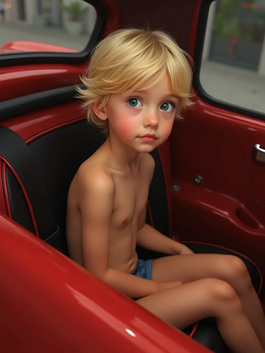 Little-Girl-with-Blonde-Hair-Sitting-in-a-Red-Sports-Car