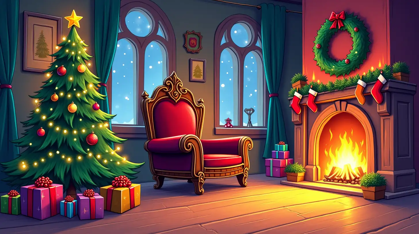 Cheerful Christmas Room with Tree Throne and Fireplace