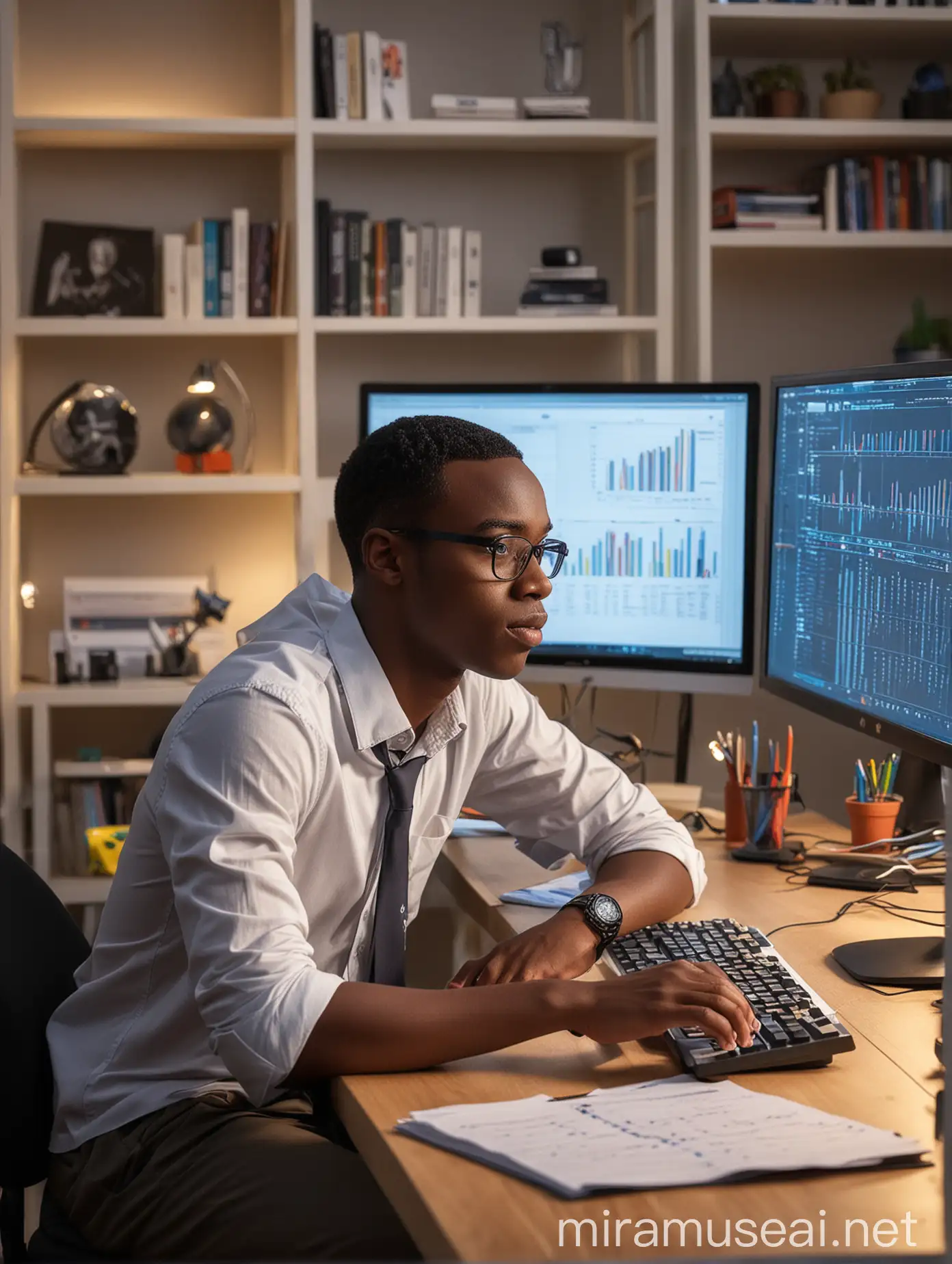 Focused African Data Engineer Analyzing Graphs and Data at Modern Desk