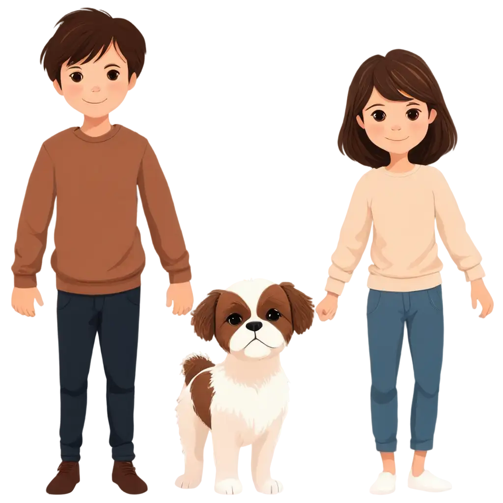 PNG-Clip-Art-of-a-Boy-and-Girl-with-a-Brown-Shih-Tzu-Dog-Heartwarming-Sibling-Bond-in-Digital-Art