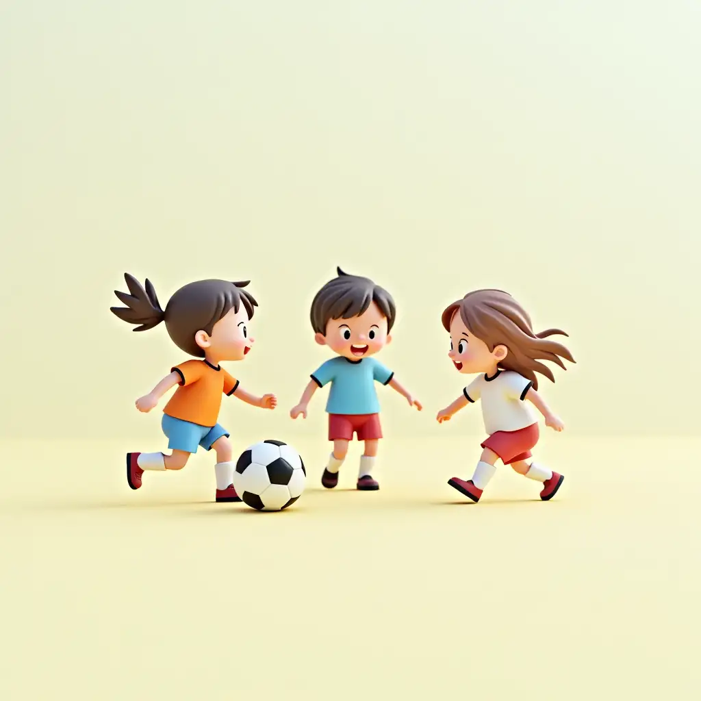 Simple vector image of cute children playing soccer. 3d rendering.