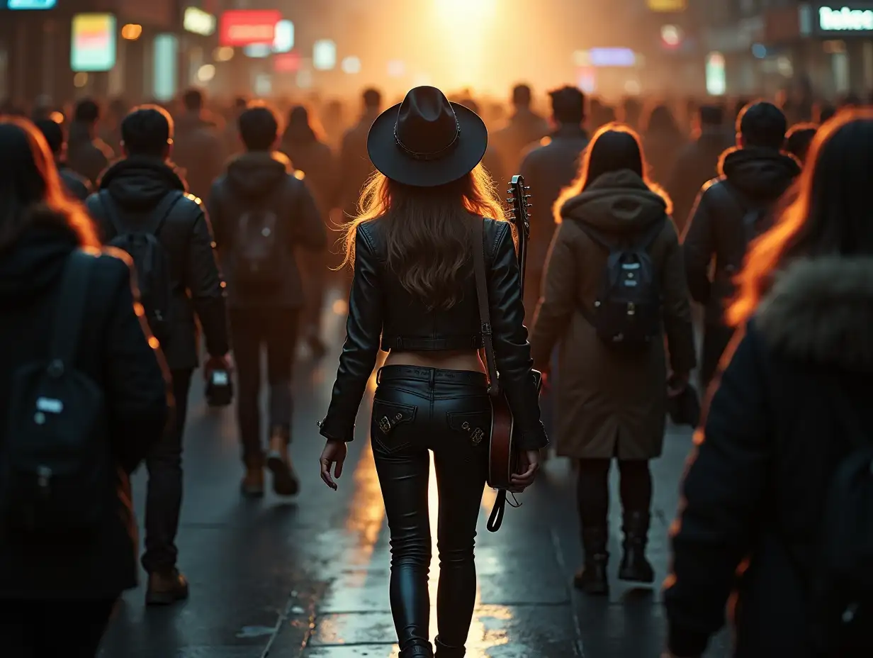 Steampunk-Diva-Walking-Through-a-Busy-City-with-Guitar