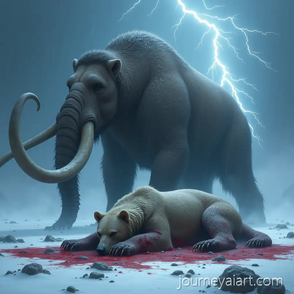 Defeated-Gray-Bear-Under-Mastodons-FootDefeated-bear-on-snowy-battlefield-on-Snowy-Battlefield-During-Lightning-Storm
