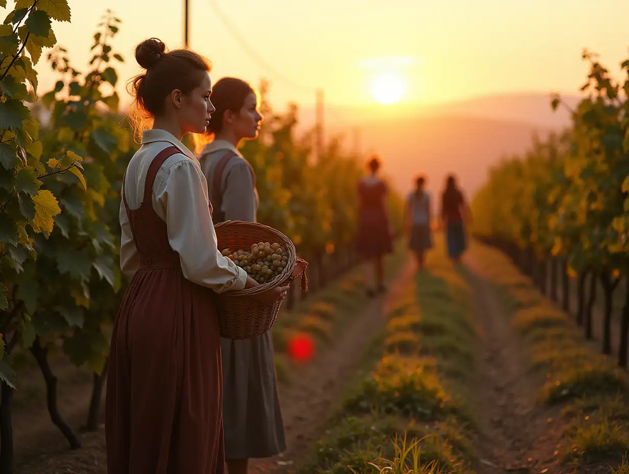 Women-Harvesting-Grapes-in-Italian-Vineyard-at-Sunset-1900s-Style