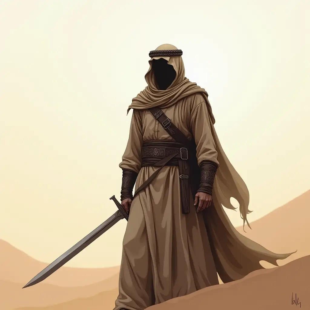 Draw for me a man wearing an Arab warrior's garb, and he is in the desert, holding a sword in one hand, and no face is visible on the other. A white light hides every face.