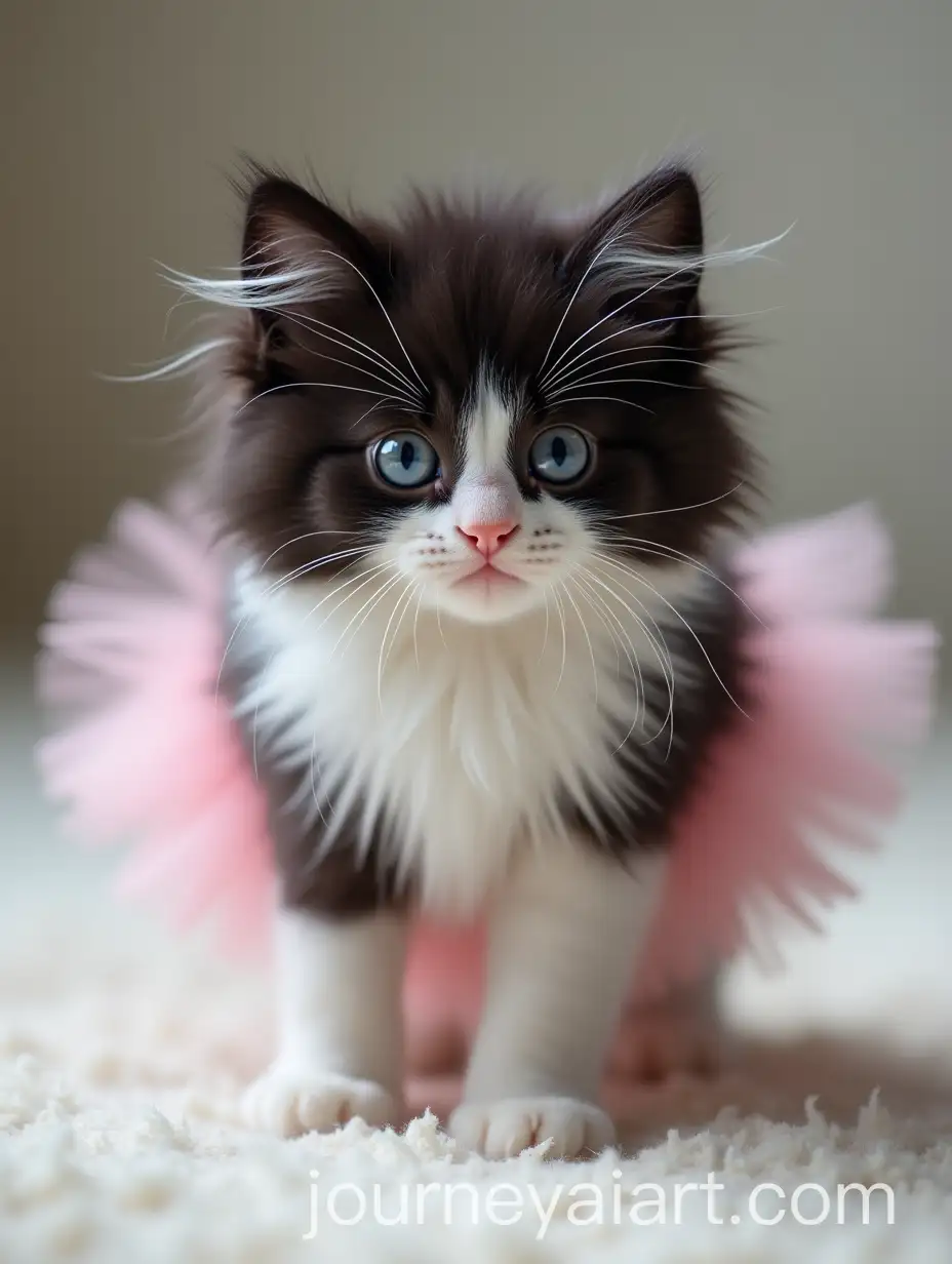 Fluffy-Black-and-White-Angora-Kitten-in-Pink-Ballet-Skirt-with-Big-Round-Eyes
