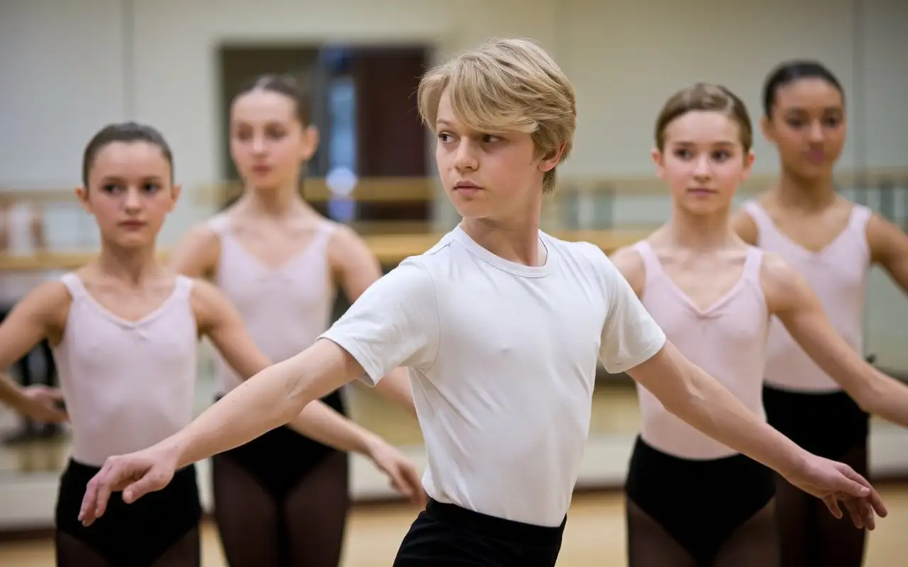 Young preteen blonde boy doing Ballet with all girls in matching attire.