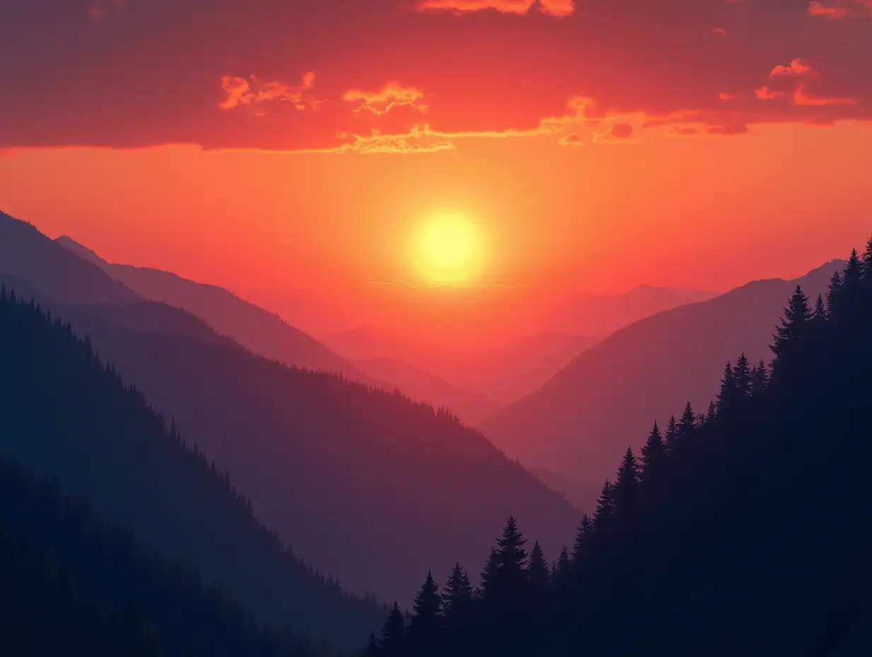 Fantastic landscape with mountain range and epic orange sunset sky