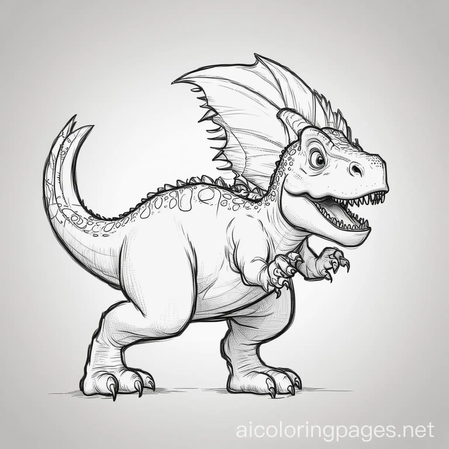 dinosaur, Coloring Page, black and white, line art, white background, Simplicity, Ample White Space. The background of the coloring page is plain white to make it easy for young children to color within the lines. The outlines of all the subjects are easy to distinguish, making it simple for kids to color without too much difficulty