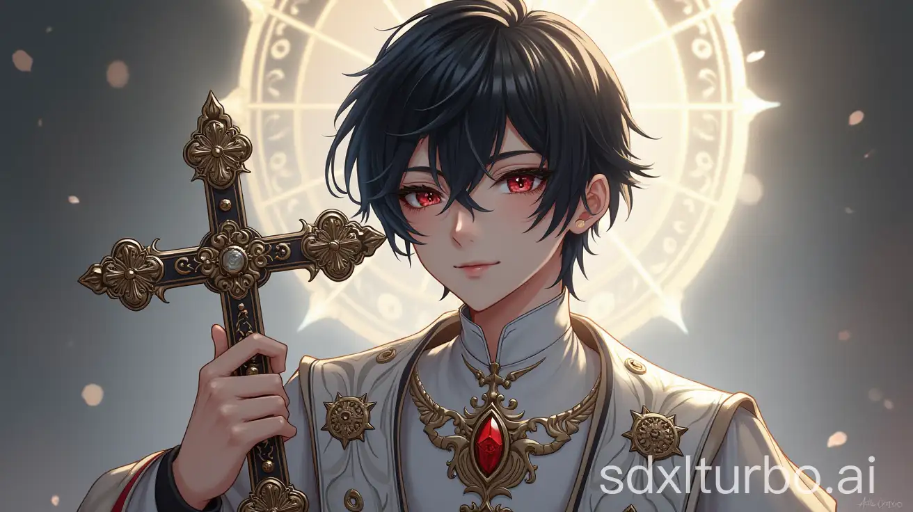 A young man with black hair, dressed in a priestly robe, holding a Rococo-style silver cross, with a divine halo above their head, silver details, Victorian-style illustration, and anime-style aesthetics.