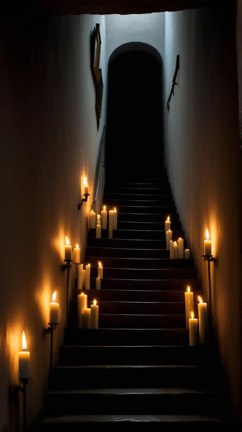 Eerie Staircase with Candlelight and Mysterious Girl