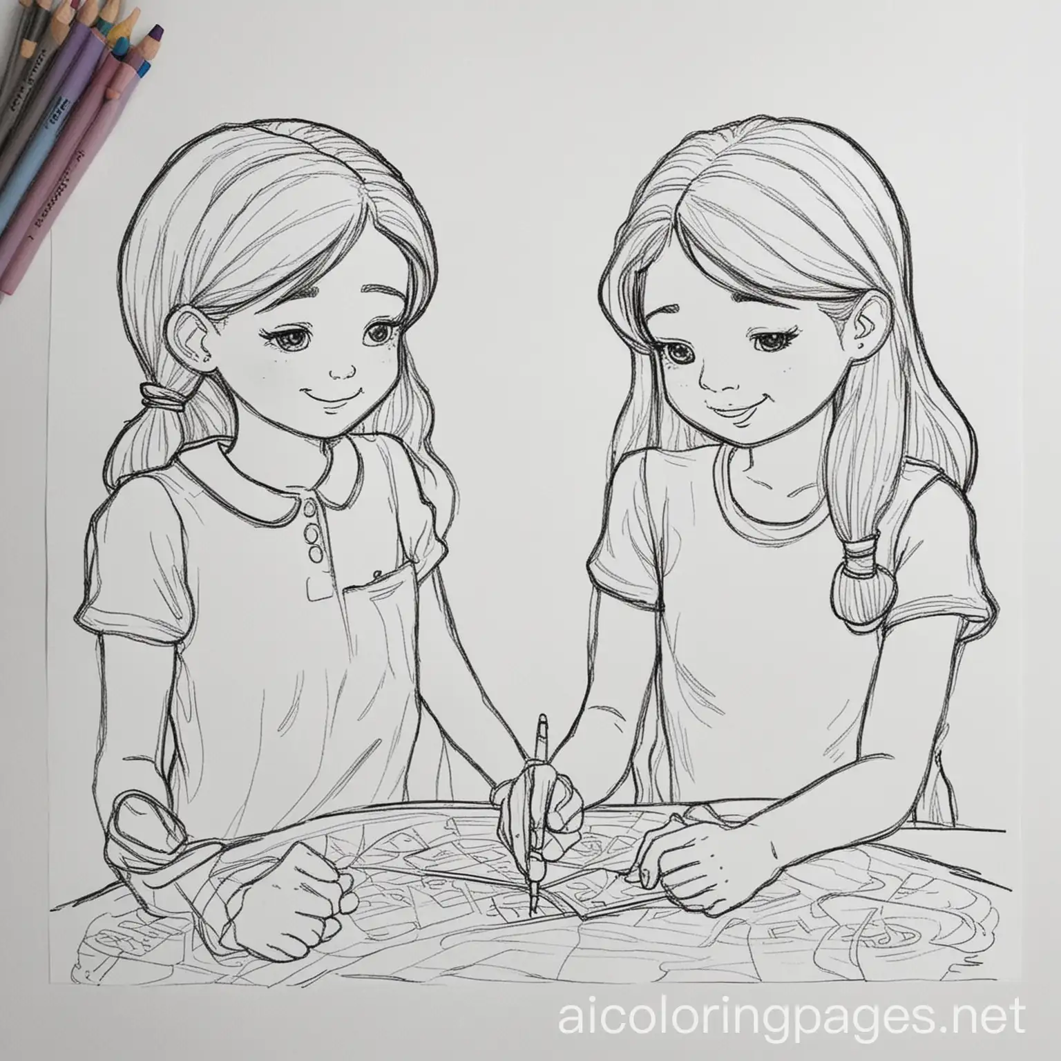 Two-Girl-Friends-Coloring-Page-Black-and-White-Line-Art