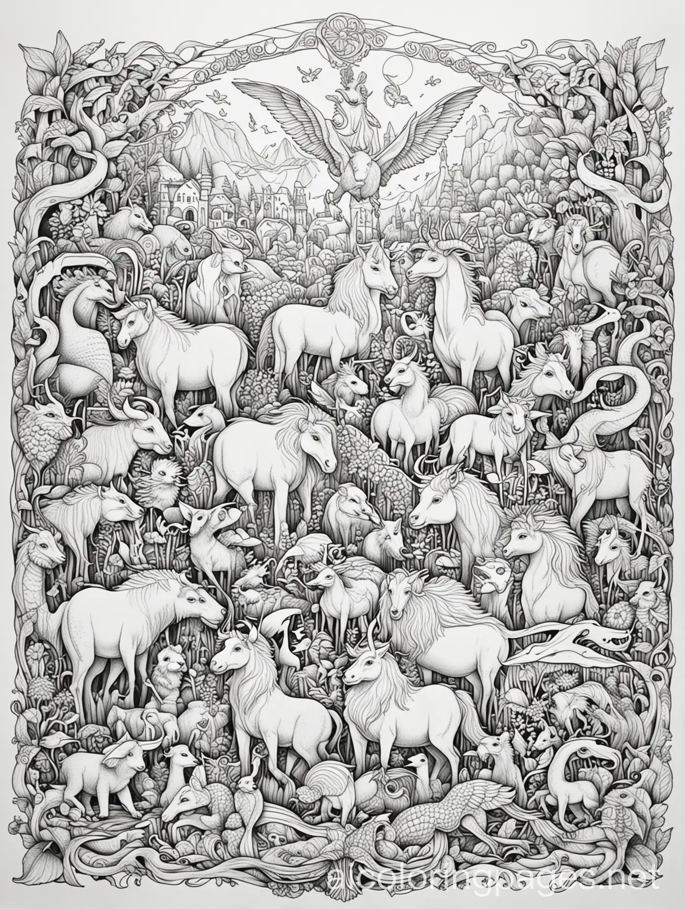 Mythical-Menagerie-Coloring-Page-with-Ample-White-Space