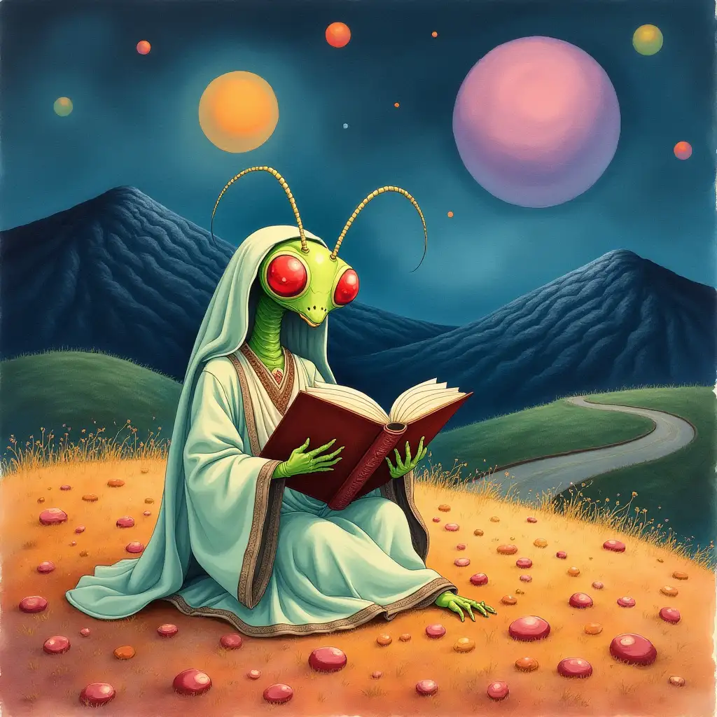 Praying-Mantis-Creature-in-a-Dreamlike-Field-Under-a-Starry-Sky