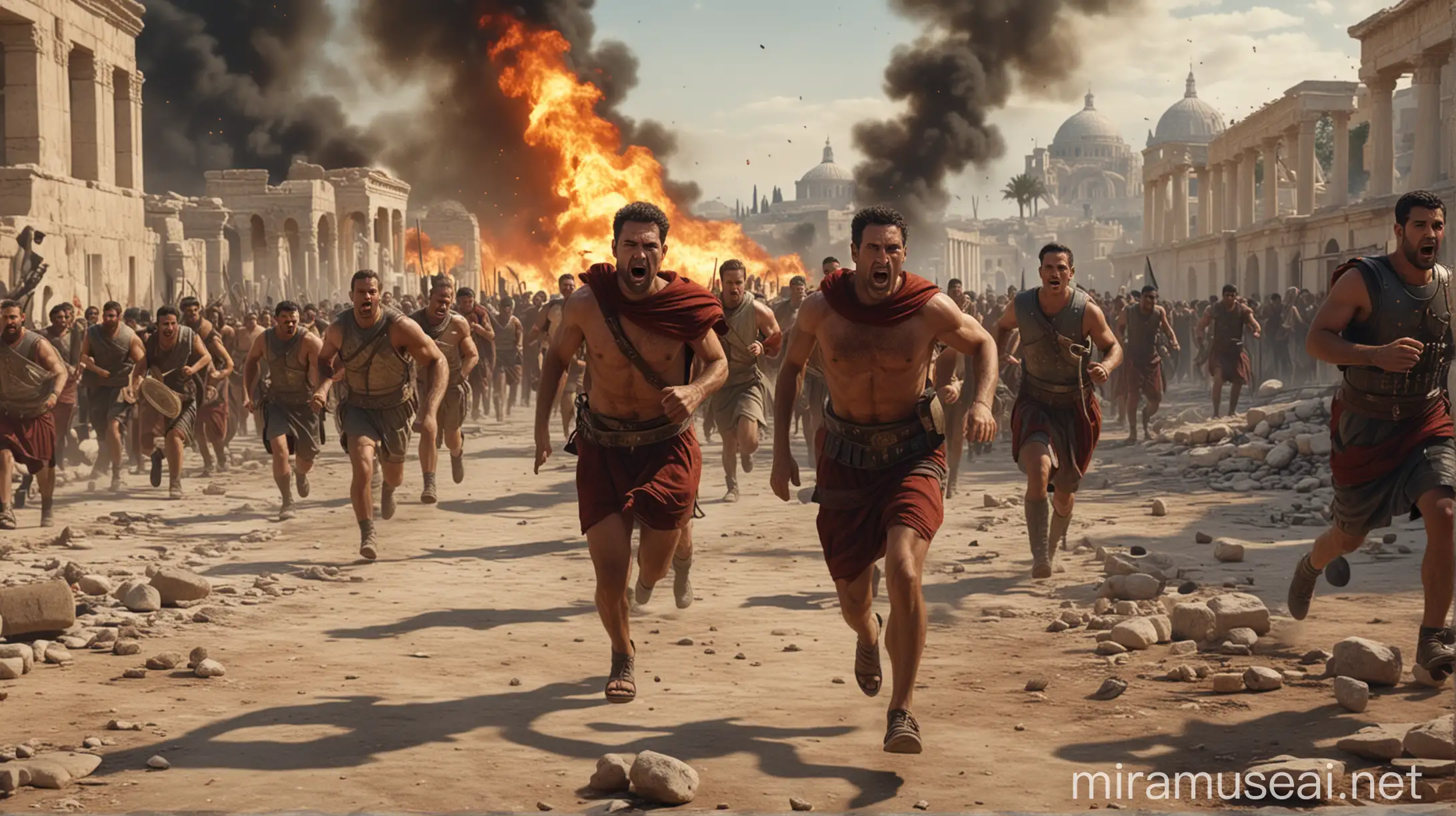 Citizens of Carthage Fleeing Roman Soldiers Amidst City Fire 200 BC