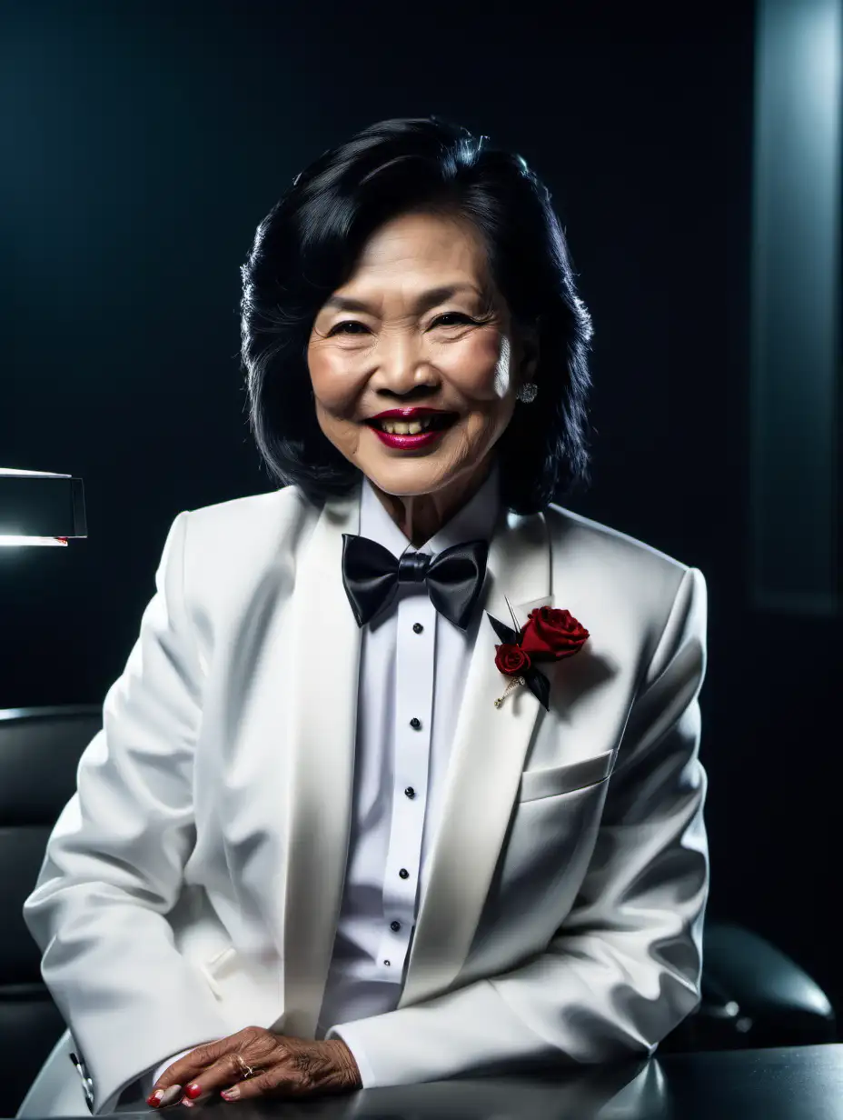 Elegant-Vietnamese-Woman-in-White-Tuxedo-at-Desk-in-Dark-Room