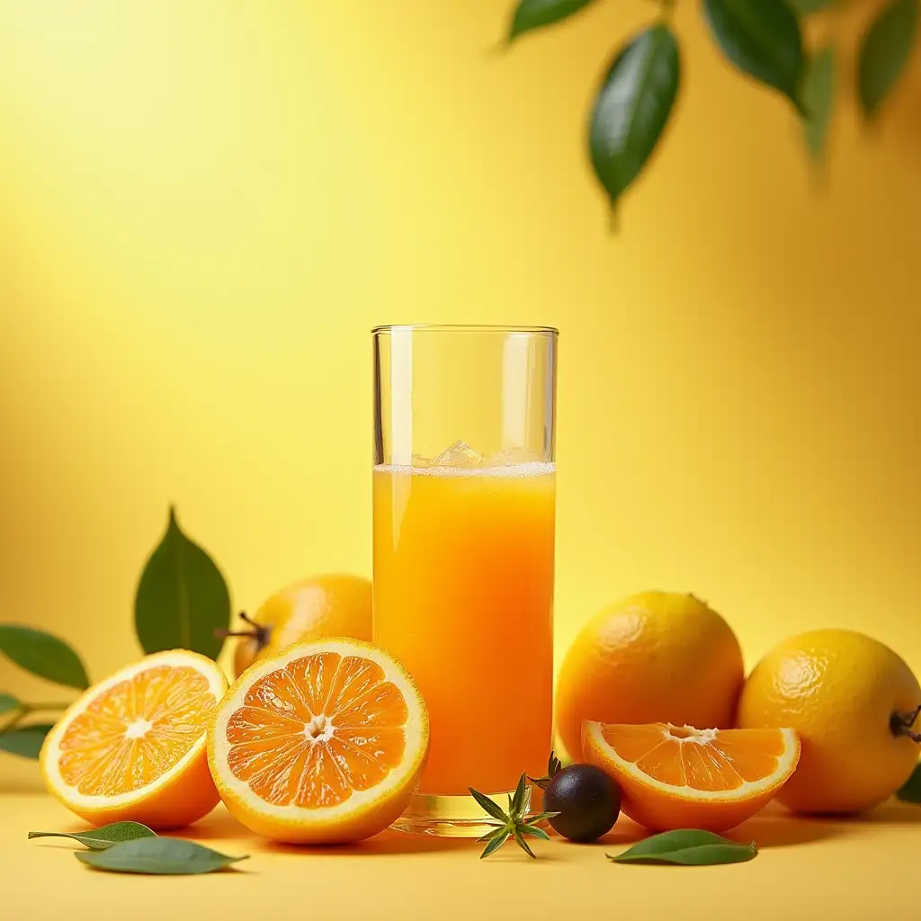 Making natural refreshing drinks. Image of fresh, juicy fruit, from which a refreshing drop of juice flows. Bright tones associated with nature and freshness.