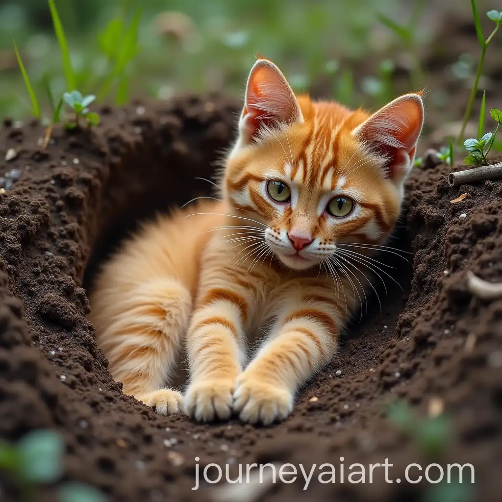 Orange-Cat-Partially-Buried-in-Sand-with-Playful-Expression