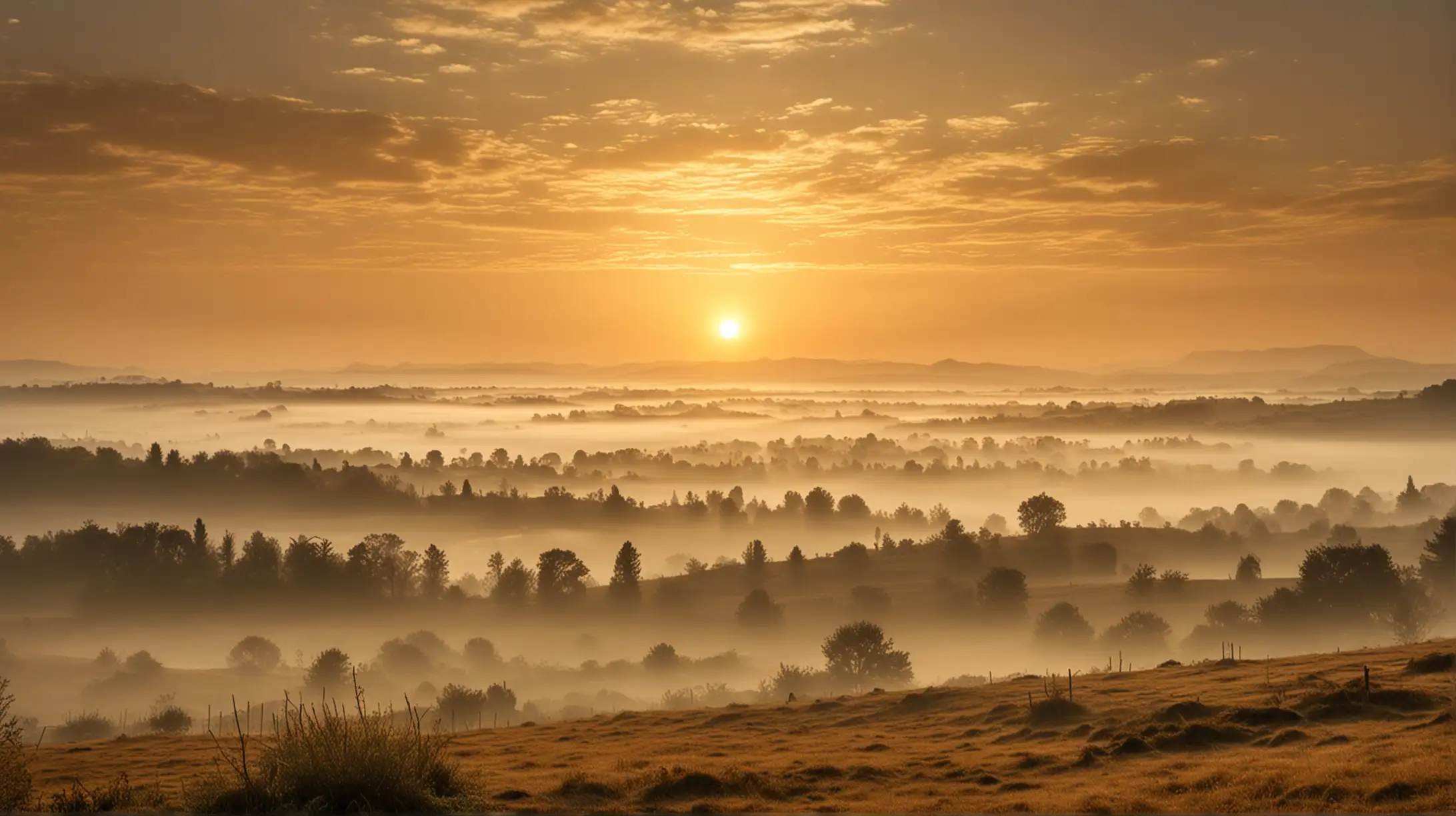 Serene Landscape with Hazy Golden Sky