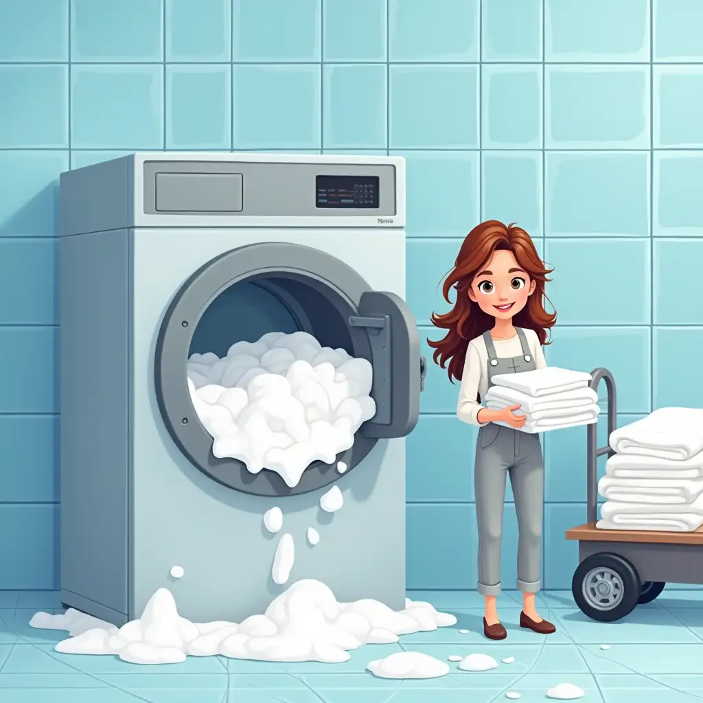 In a room, the walls are tiled with blue ceramic tiles and there is a large industrial washing machine. The washing machine is in the process of washing and there's a lot of foam. Next to the machine, there's a cart with white laundry and a beautiful girl in light gray overalls with white accents on her shoulders, holding a stack of neatly folded white laundry. Cartoon style