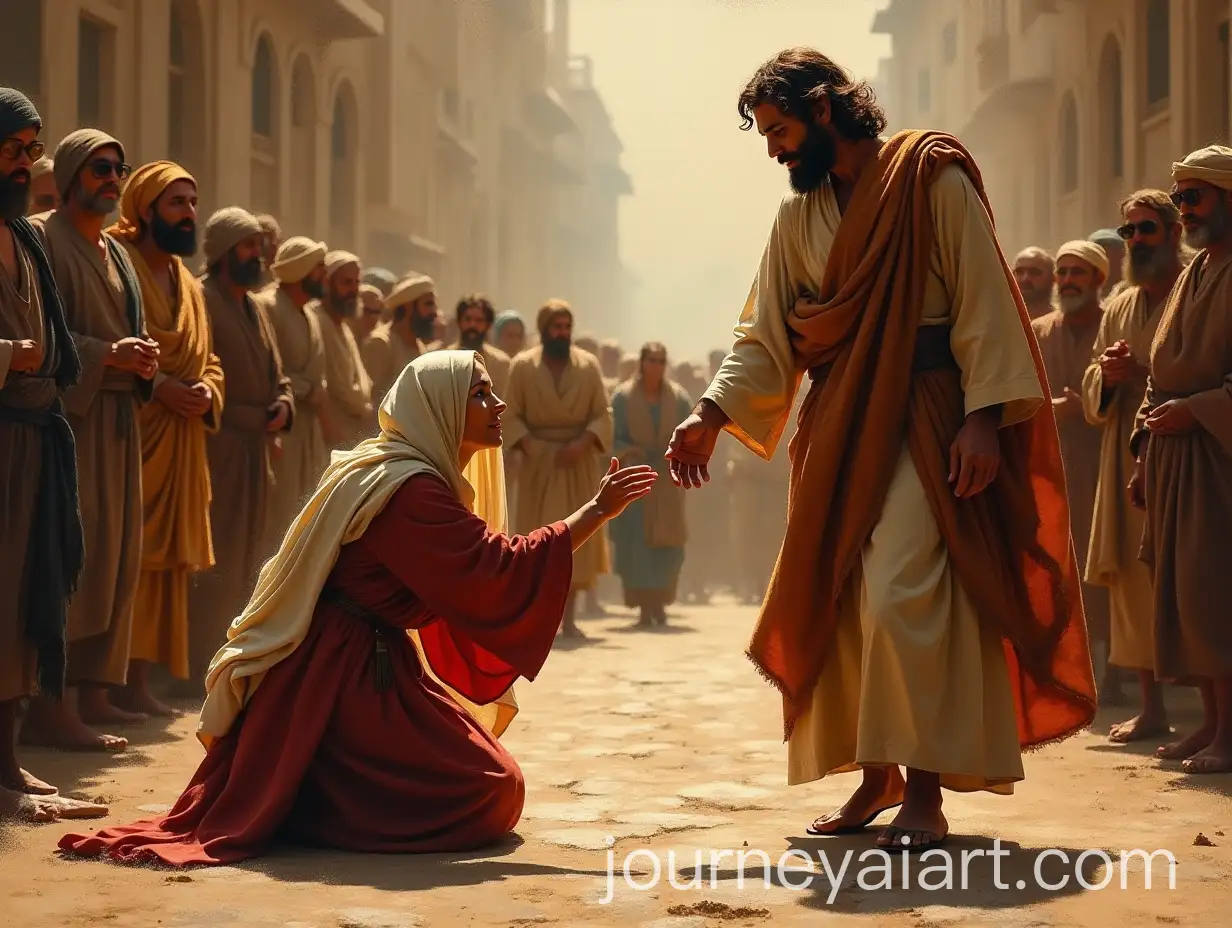 Oil-Painting-of-Woman-Reaching-for-Jesus-Robe-in-Crowded-Street-Scene