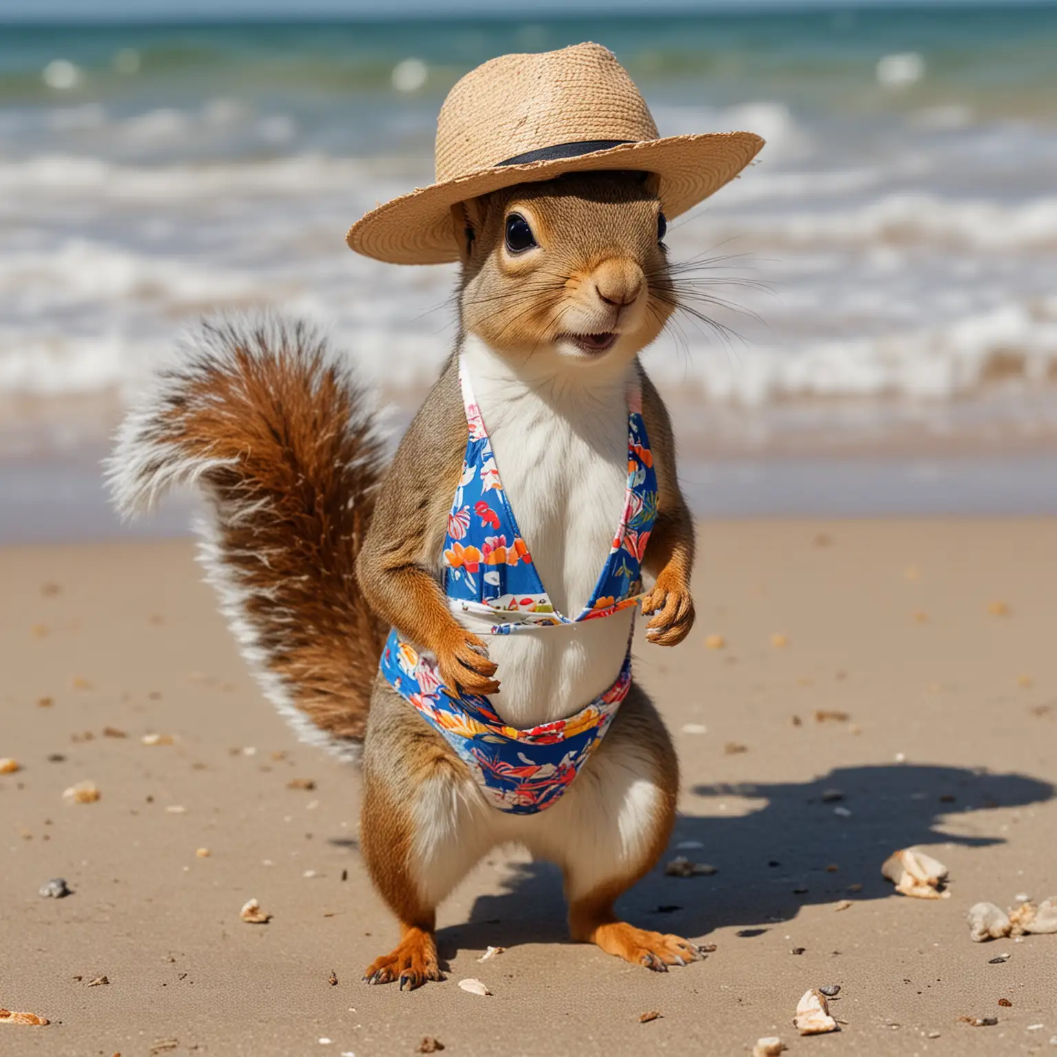 Squirrel-Enjoying-a-Day-at-the-Beach-in-a-Swimsuit-and-Panama-Hat