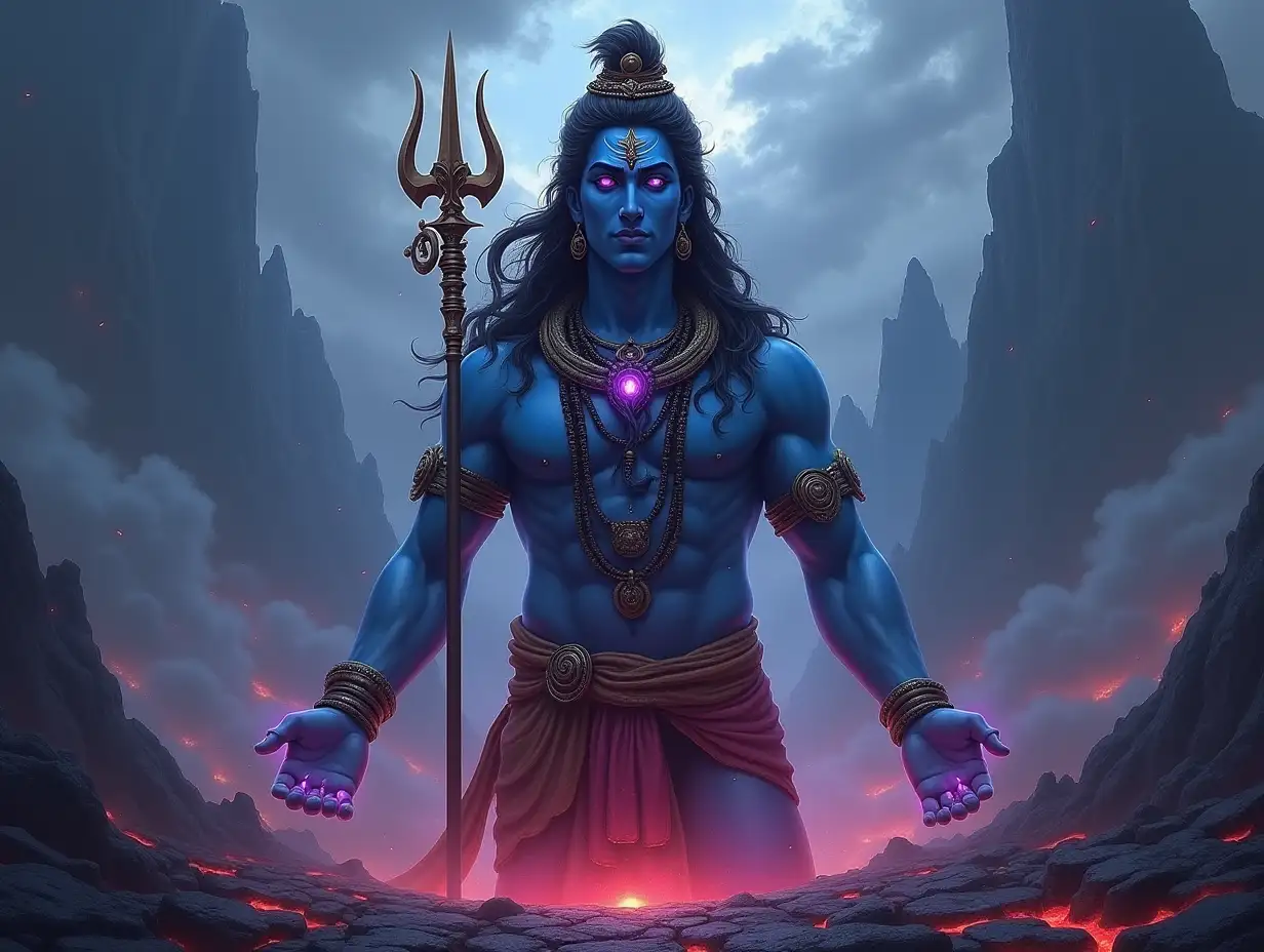 A powerful depiction of Lord Shiva, the Hindu deity, standing majestically angary and his two hand picked up hand hald Lord Shiva's wife is Goddess Parvati, goddess parvati was death scene, against a dramatic backdrop of towering mountains and swirling clouds. His skin is a deep blue, symbolizing the infinite and the cosmos. Around his neck, several vibrant snakes coil, accentuating his mystique and connection to the divine.holds a Goddess Parvati, signifying his authority and power. His expression angary is serene yet commanding, with glowing purple accents in his eyes that exude wisdom and strength. The ground is cracked and barren, red lava contrasting with the divine energy emanating from him. In the foreground,trident (trishula) in side raised high. The overall atmosphere is one of intense spirituality, strength, and mystique, beautifully capturing the essence of Lord Shiva.