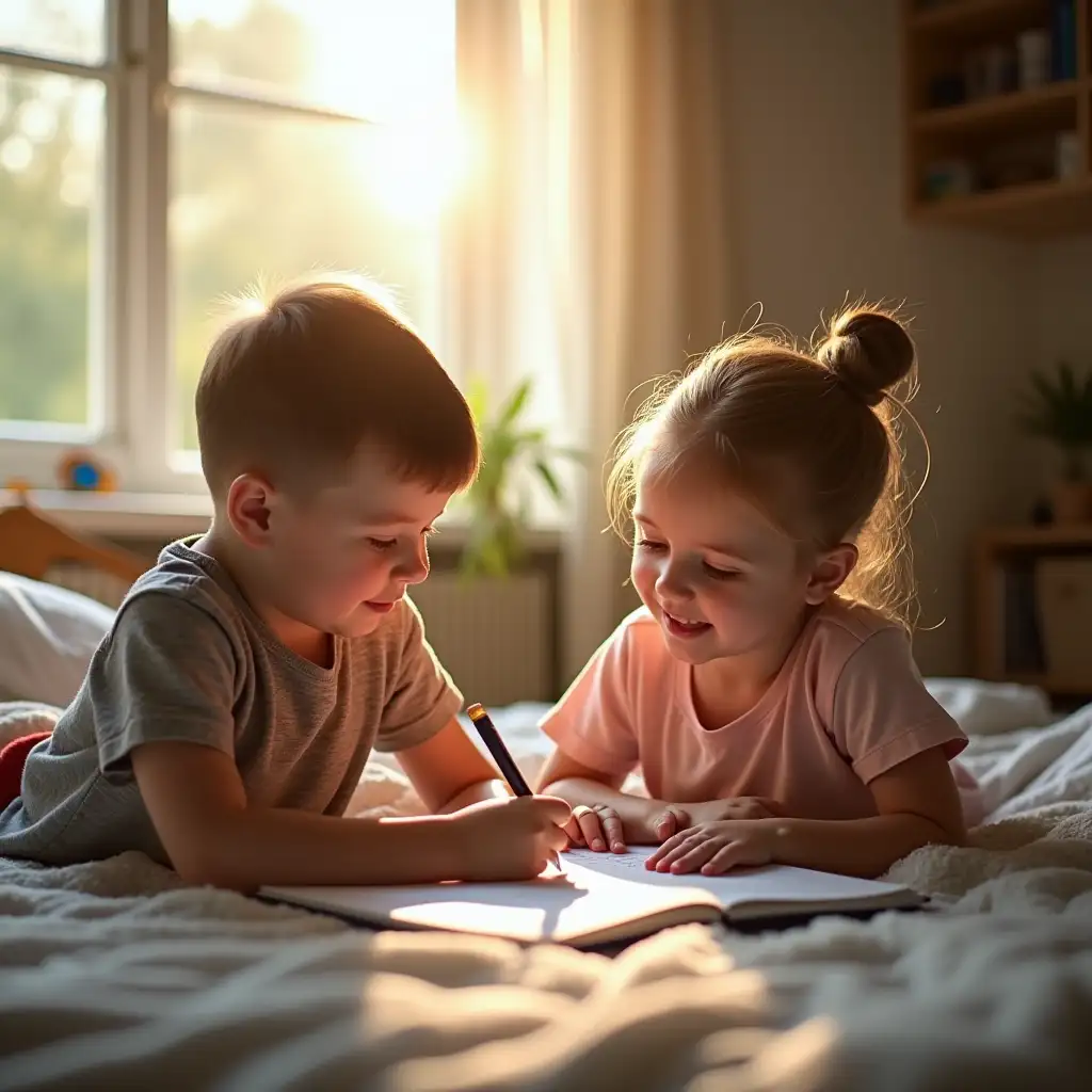 Older-Sister-Helping-Younger-Brother-with-Homework-in-Cozy-Bedroom