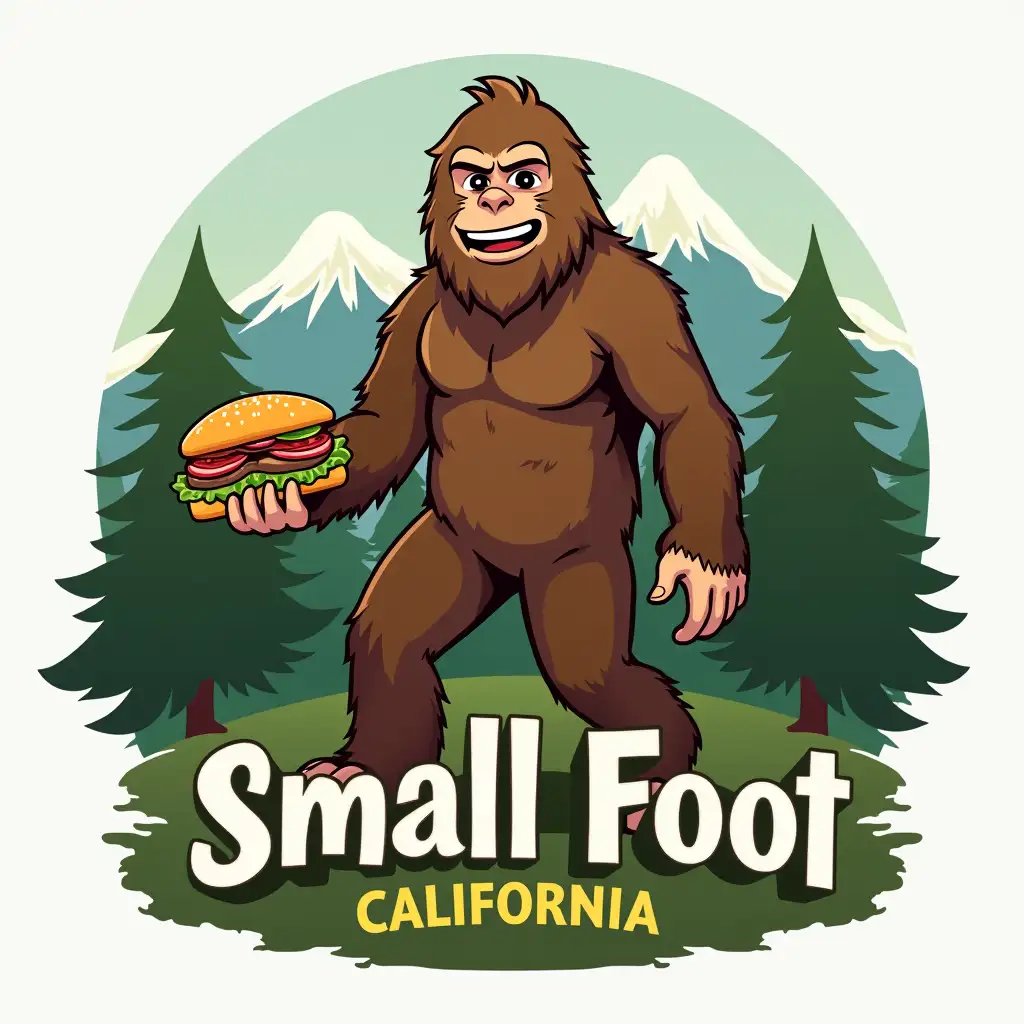 Create a logo design for a business named 'Small Foot' located in California, a place known for its abundance of trees. The central character should be inspired by Bigfoot, holding a sandwich in one hand. The background should feature a scenic natural landscape with lush trees, mountains, and a peaceful atmosphere. The overall style should be friendly and inviting, emphasizing the connection to nature and delicious food.