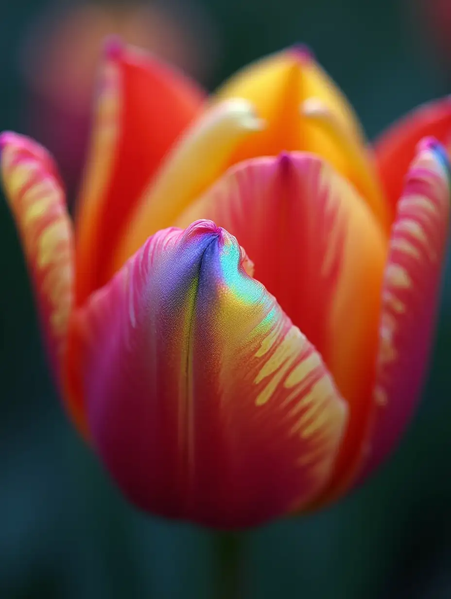 Create a realistic image of a flower with the colors of the rainbow reflected in the petals. The photo should convey the details and texture of the petals, with the bright, rich hues of the rainbow gently shimmering from one petal to the next. Natural lighting and focus on small details will emphasize the natural beauty and uniqueness of the scene.